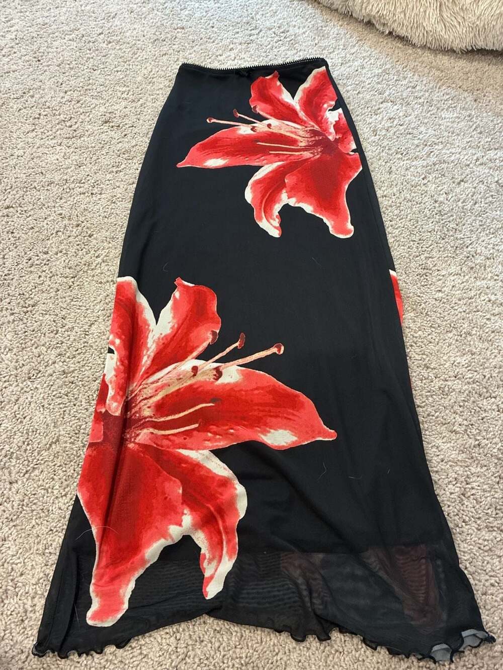 Derek Heart Floral Mesh Maxi Skirt Black Red Lily Print